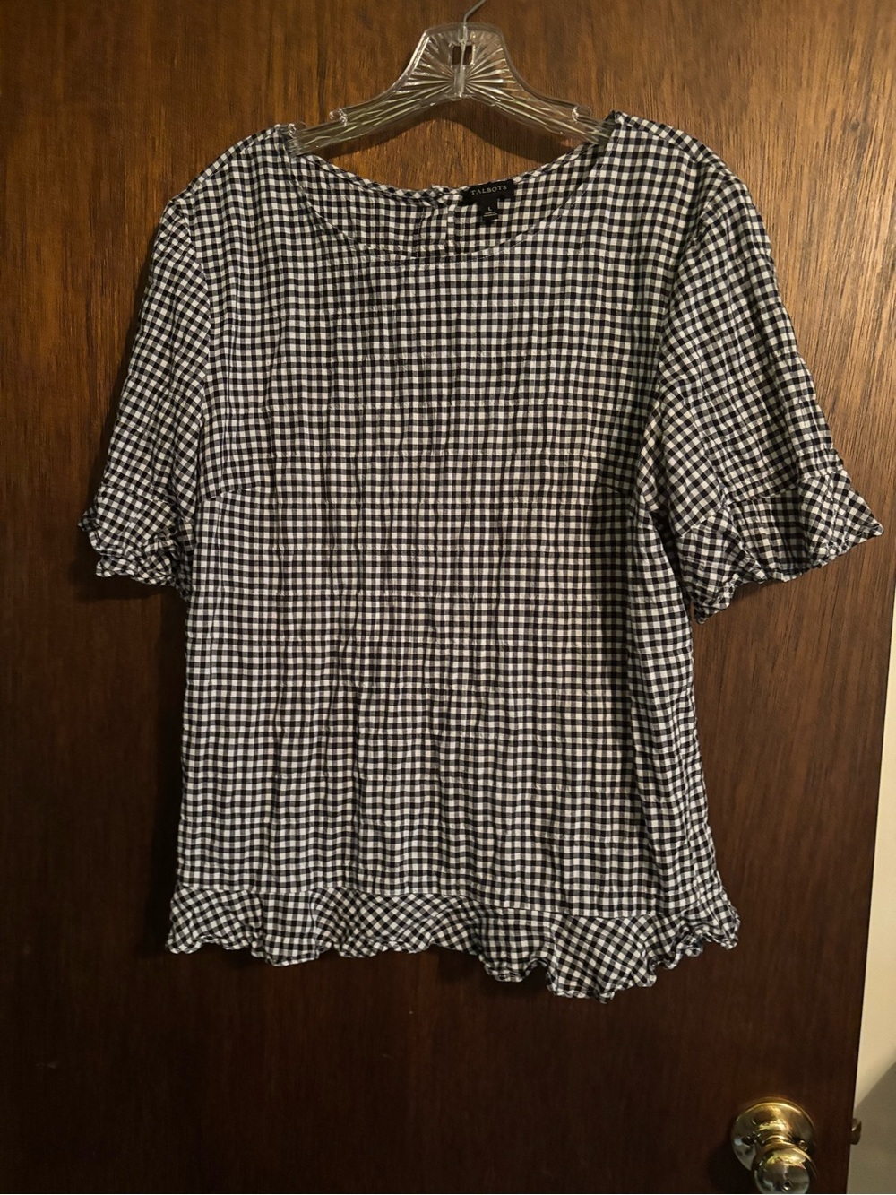 Talbots Black and White Gingham Ruffle Sleeve Top